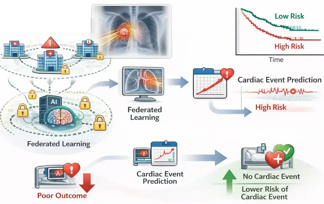 Conceptual overview of the proposed distributed machine learning infrastructure for computer-assisted cancer theragnostics, showing secure multi-site data harmonization, privacy-preserving collaborative training, and development of predictive models for treatment-related clinical events.
