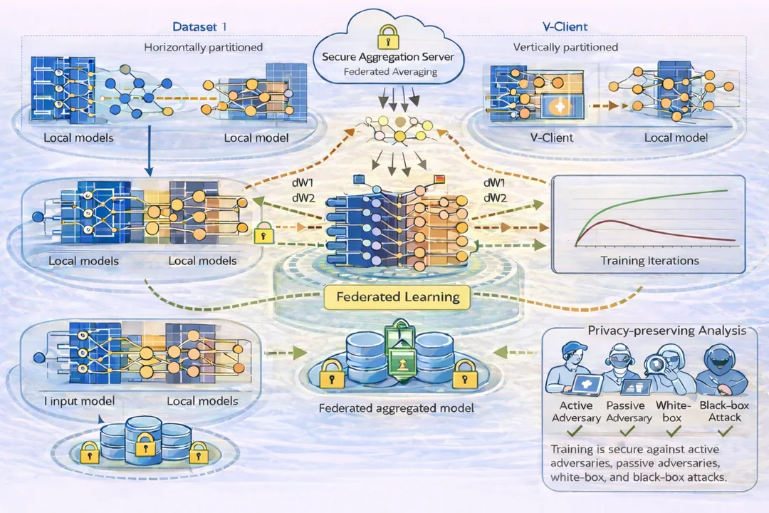 Overview of a federated learning approach used for collaborative development of neural networks with combined horizontal and vertical data partitioning while preserving privacy.