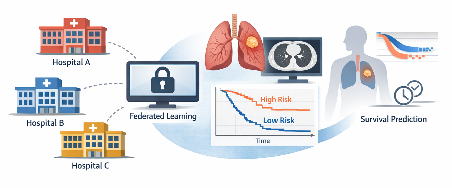 Graphical abstract showing a seven-clinic federated learning workflow for stage I-III non-small cell lung cancer radiotherapy, with 1655 eligible patients, model AUC 0.68, and a projected 11% increase in 2-year survival.